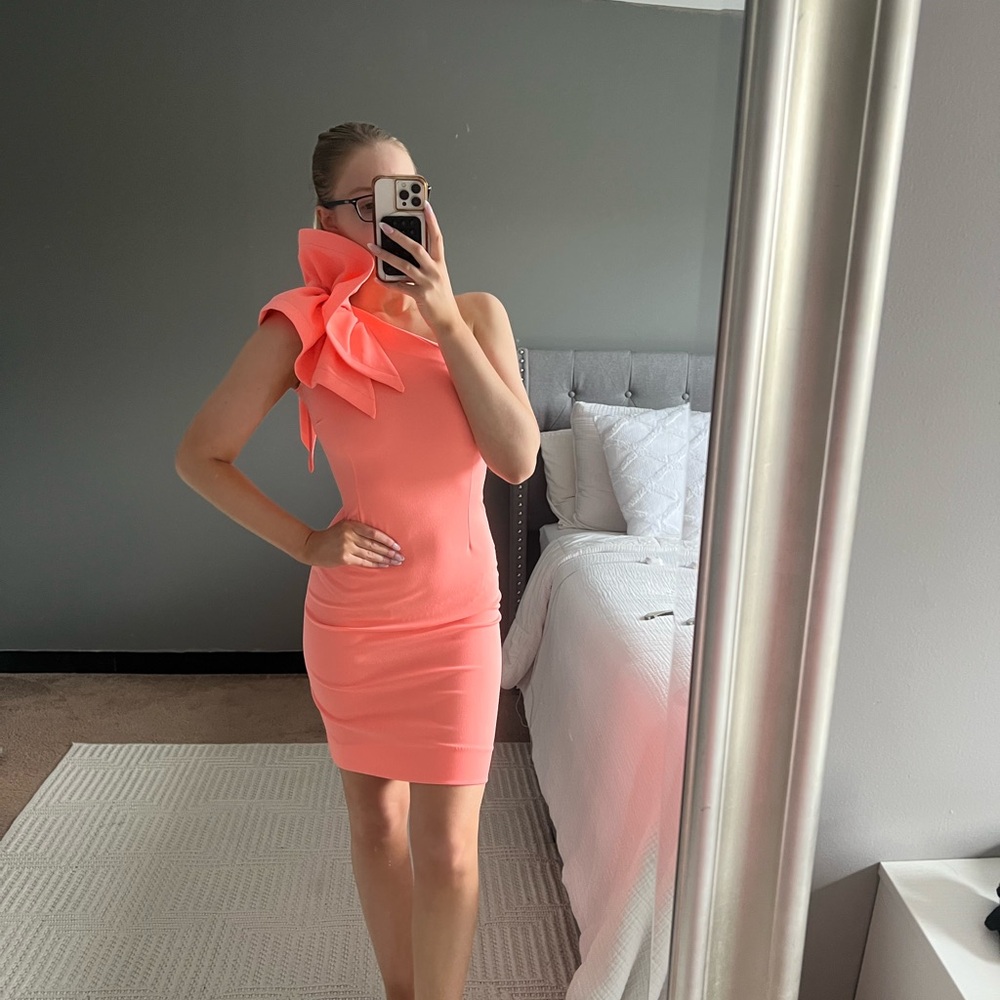 Coral One-Shoulder Bow Sheath Dress